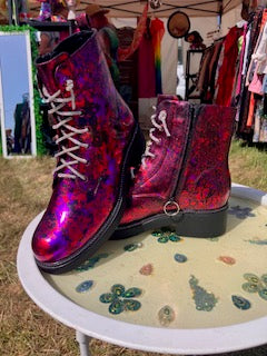 Red & Purple Foiled Lace up/Zipped Boots