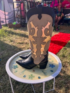 Black Beige Tall Cowboy Boots with Gold foiling