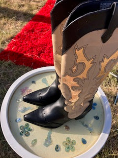Black Beige Tall Cowboy Boots with Gold foiling