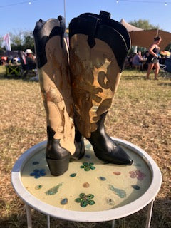 Black Beige Tall Cowboy Boots with Gold foiling