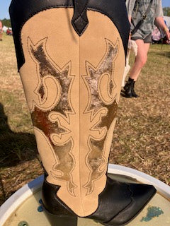 Black Beige Tall Cowboy Boots with Gold foiling