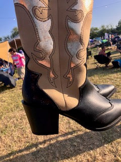 Black Beige Tall Cowboy Boots with Gold foiling