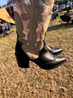 Black Beige Tall Cowboy Boots with Gold foiling