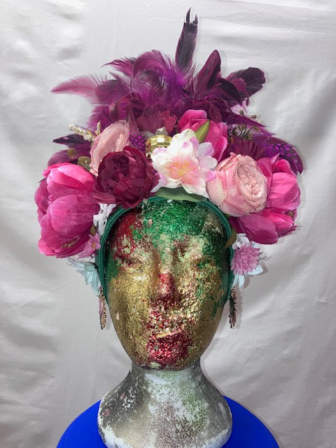 Adjustable Floral Pink and Green Headpiece with a Gold Disco Ball