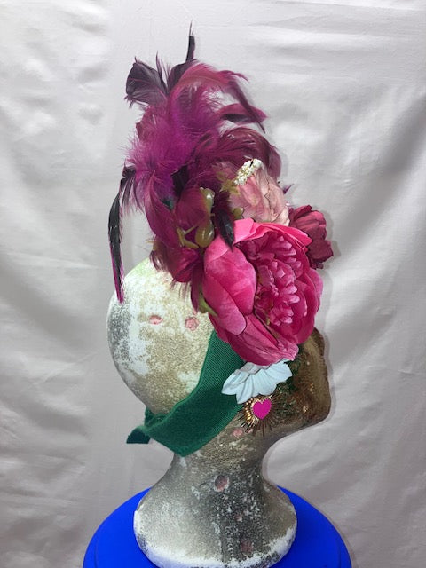 Adjustable Floral Pink and Green Headpiece with a Gold Disco Ball