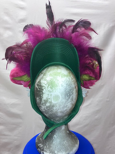 Adjustable Floral Pink and Green Headpiece with a Gold Disco Ball