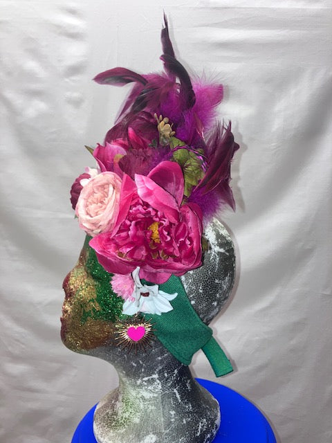 Adjustable Floral Pink and Green Headpiece with a Gold Disco Ball