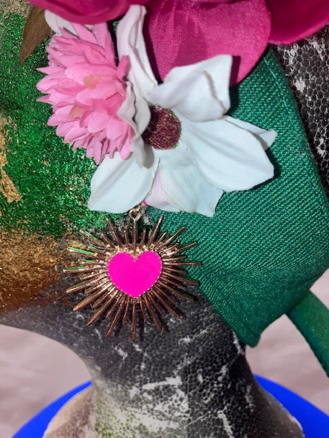 Adjustable Floral Pink and Green Headpiece with a Gold Disco Ball