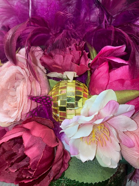 Adjustable Floral Pink and Green Headpiece with a Gold Disco Ball
