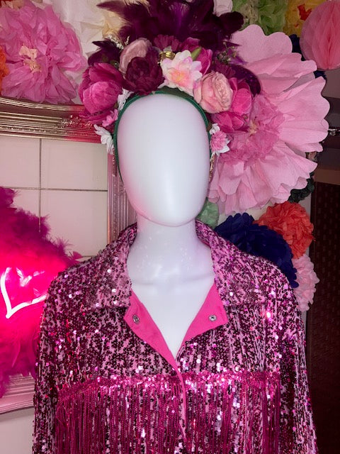 Adjustable Floral Pink and Green Headpiece with a Gold Disco Ball