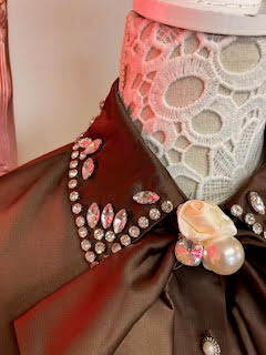 Brown Silky Long Sleeve Blouse with diamonte detail to collar