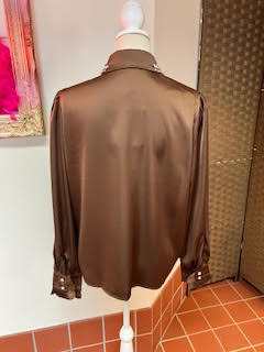 Brown Silky Long Sleeve Blouse with diamonte detail to collar