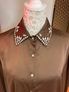 Brown Silky Long Sleeve Blouse with diamonte detail to collar