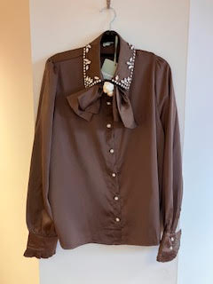 Brown Silky Long Sleeve Blouse with diamonte detail to collar