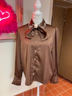 Brown Silky Long Sleeve Blouse with diamonte detail to collar