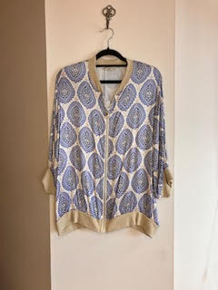 Blue Geometric Print Silky Bomber Jacket