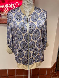 Blue Geometric Print Silky Bomber Jacket