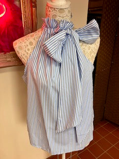 Crisp White & Pale Blue Stripped Pussy Bow Sleeveless Blouse