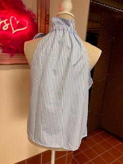 Crisp White & Pale Blue Stripped Pussy Bow Sleeveless Blouse