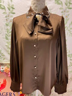 Jewelled Brown Silky Shirt