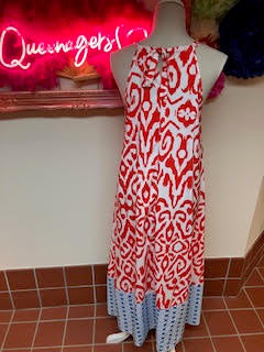 Red/Blue Geometric Print Maxi Summer Dress Medium