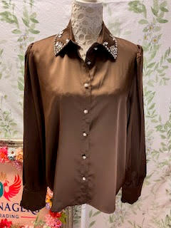 Jewelled Brown Silky Shirt